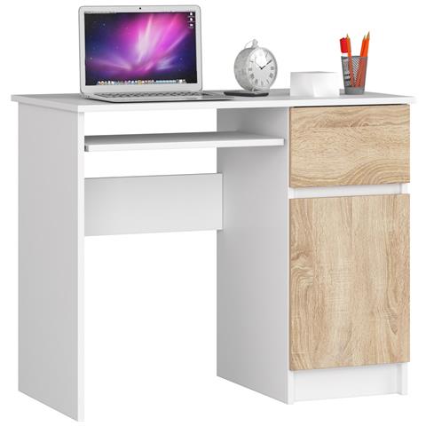 Scrivania per computer PIKSEL destro, 1 anta e 1 cassetto, 90x50x77 cm, Colore Bianco e Sonoma Quercia - Foto 1