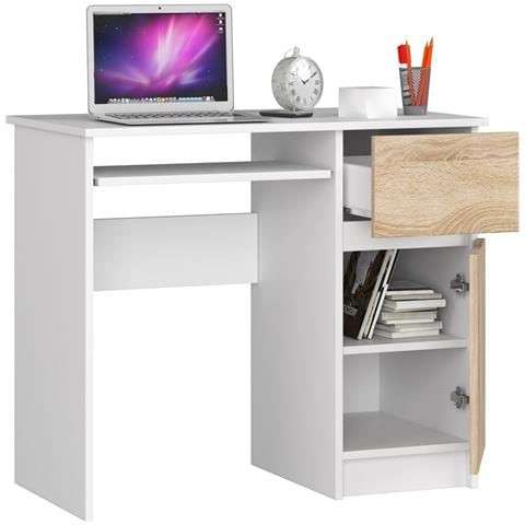 Scrivania per computer PIKSEL destro, 1 anta e 1 cassetto, 90x50x77 cm, Colore Bianco e Sonoma Quercia - Foto 2