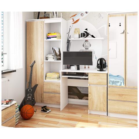 Scrivania per computer PIKSEL destro, 1 anta e 1 cassetto, 90x50x77 cm, Colore Bianco e Sonoma Quercia - Foto 6