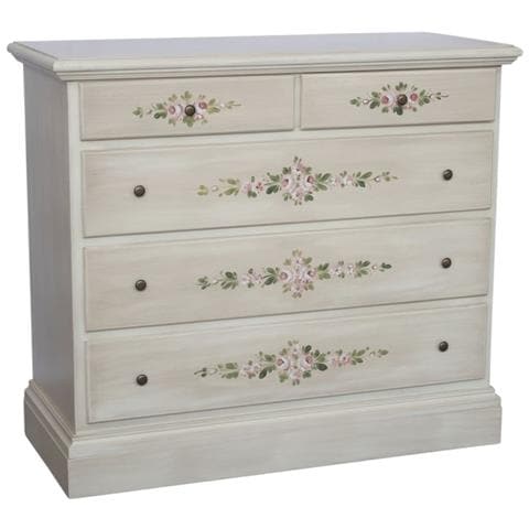 Cassettiera 5 Cassetti Legno Shabby Bianco Anticato Decori 117x51x101 - Foto 1
