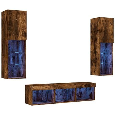 Mobili TV a Muro con LED 5pz Rovere Fumo in Legno Multistrato - Foto 1