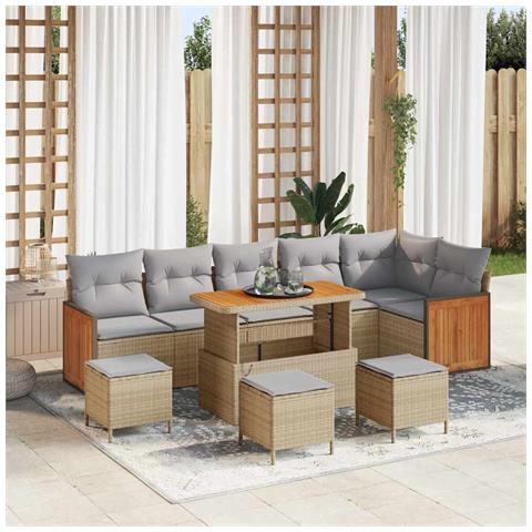 Set di divani da giardino 10 pezzi con cuscini beige polyrattan acacia, Divano da giardino 2 posti con cuscini beige polyrattan, Set da pranzo da giardino 4 pezzi con cuscini beige polyrattan acacia - Foto 2