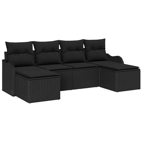 Set di Divano da Giardino  6 Pezzi con Cuscini Nero Poly Rattan, Divano da Giardino  2 Posti con Ripostiglio e Cuscini Nero Poly Rattan - Foto 1