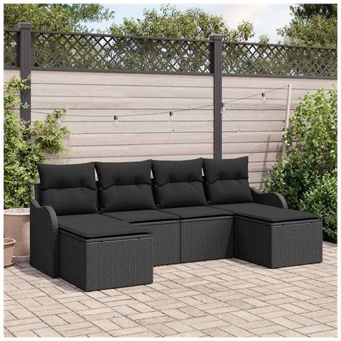 Set di Divano da Giardino  6 Pezzi con Cuscini Nero Poly Rattan, Divano da Giardino  2 Posti con Ripostiglio e Cuscini Nero Poly Rattan - Foto 2
