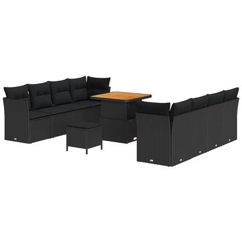 Set Divano da Giardino  in 11 Pezzi con Cuscini Nero Rattan Poliestere Acacia, Set da Pranzo da Giardino  in 3 Pezzi con Cuscini Nero Rattan Poliestere Acacia - Foto 1