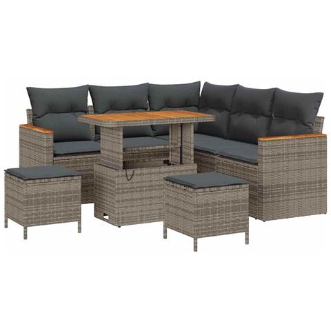 Set divano giardino 8 pezzi con cuscini Grigio Polyrattan Acacia, Set pranzo giardino 3 pezzi con cuscini Grigio Polyrattan Acacia - Foto 1