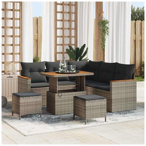 Set divano giardino 8 pezzi con cuscini Grigio Polyrattan Acacia, Set pranzo giardino 3 pezzi con cuscini Grigio Polyrattan Acacia - Foto 2