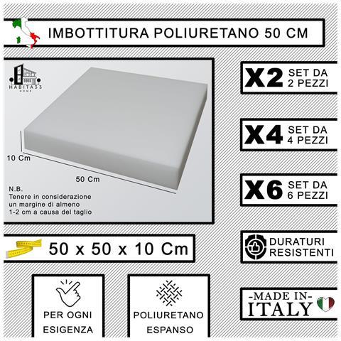 Set 4 Imbottitura Cuscini 50x50x10, Inserto Cuscino Poliuretano Per Cuscini Sedie Cucina O Esterno, Cuscino Personalizzato, Made In Italy (4, Poliuretano 50x10 Cm) - Foto 2