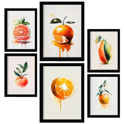 Set Di 6 Stampe Poster Di Agrumi Con Frutta, Verdura E Cibo Sano In Stile Acquerello Su Sfondi Bianchi Puri A3 & A4 Cornice Nera - Foto 1