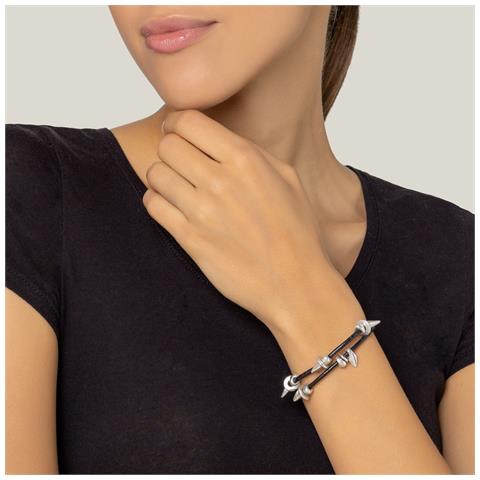 Bracciale In Pelle Nera Con Placcatura In Argento - Foto 2