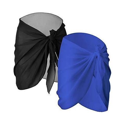 2 Della Spiaggia Delle Donne Pezzi Wrap Sarong Di Occultamento Del Costume Da Bagno Chiffon Wrap Gonne (nero E Blu)  - Foto 1