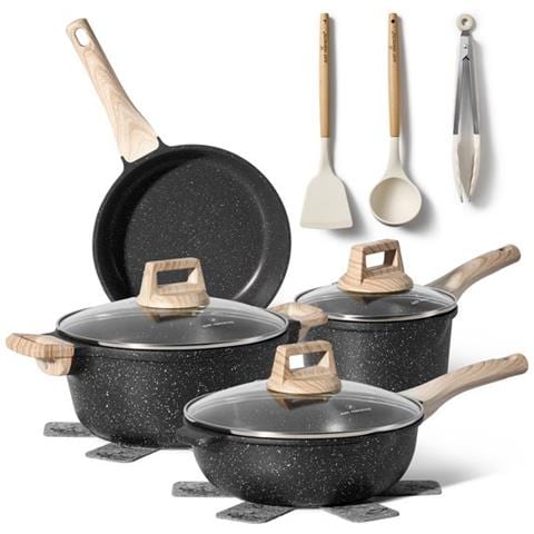 Set Pentole, Padelle e Spatole Antiaderenti a Induzione 12 Pezzi Nero - Foto 1