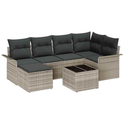 Set di divani da giardino a 7 pezzi con cuscini grigio polietilene,  Divano da giardino 2 posti con storage e cuscini grigio chiaro in rattan polietilene - Foto 1