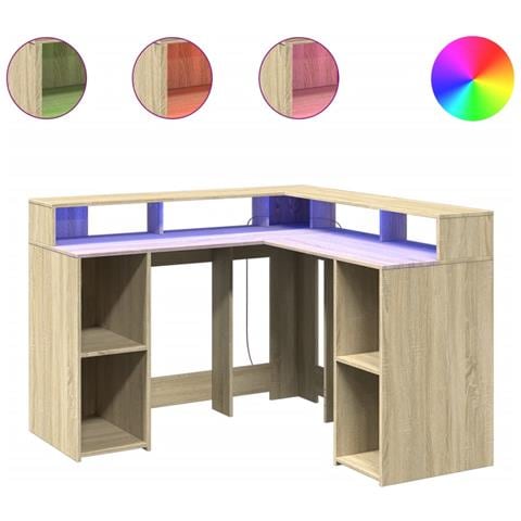 Scrivania con Luci LED Rovere Sonoma 130x130x91cm in Truciolato - Foto 1