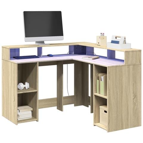 Scrivania con Luci LED Rovere Sonoma 130x130x91cm in Truciolato - Foto 2