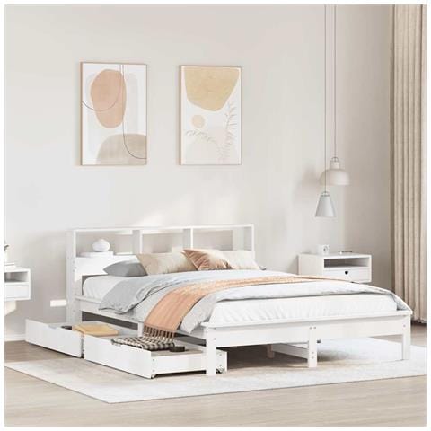 Letto Libreria senza Materasso Bianco 160x200 cm Legno di Pino - Foto 2