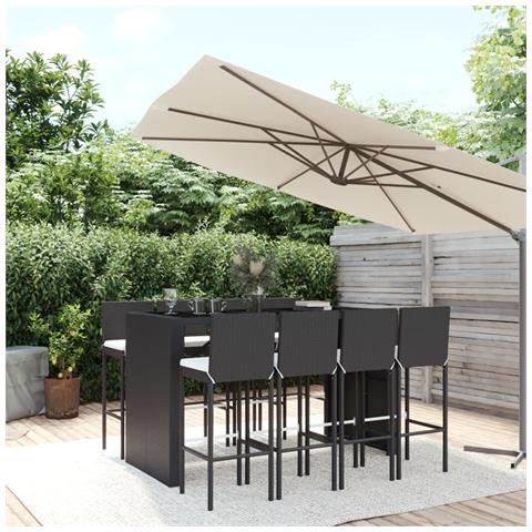 Set Bar da Giardino 9 pz con Cuscini in Polyrattan Nero - Foto 2