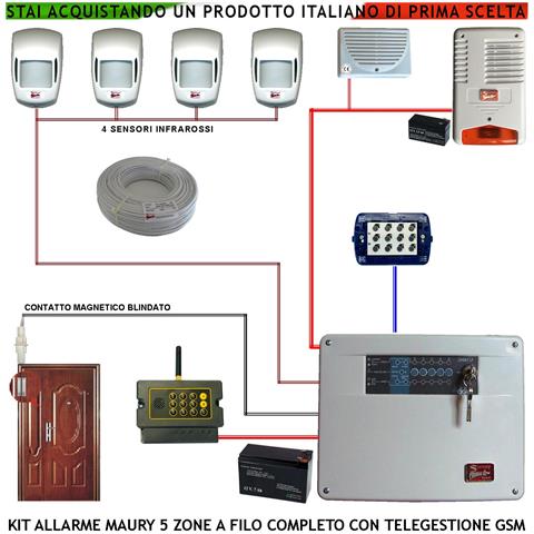 Impianto Antifurto Kit Maury Centrale 5 Zone 4 Infrarossi Contatto Corrazzato Combinatore Gsm Allarme E Telegestione S - Foto 1