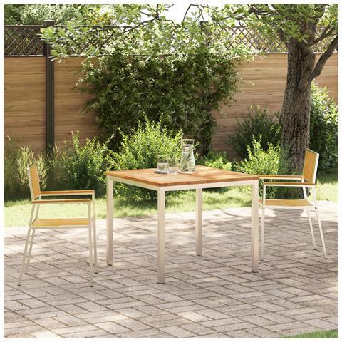 Set da Pranzo da Giardino  3 Pezzi in Legno Massello di Teak, Tavolo da Pranzo Esterno  90x90x74,5 cm in Legno Massello di Teak, Sedie da Giardino impilabili  2 pz in Legno Massello di Teak e Metallo - Foto 2