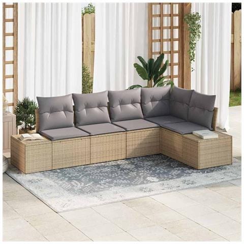 Set Divano da Giardino da 5 Pezzi con Cuscini Beige in Rattan Sintetico - Foto 2