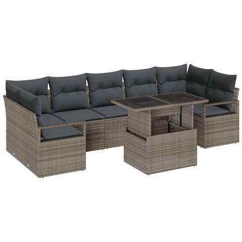 Set Divano Giardino 8 Pezzi con Cuscini Grigio Polyrattan, Divano Giardino 2-Persone con Contenitore e Cuscini Grigio Polyrattan - Foto 1