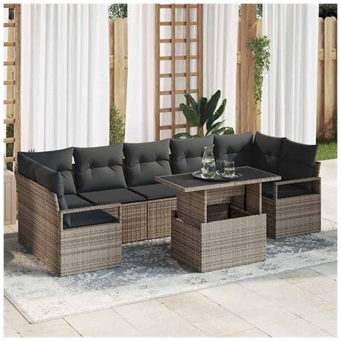 Set Divano Giardino 8 Pezzi con Cuscini Grigio Polyrattan, Divano Giardino 2-Persone con Contenitore e Cuscini Grigio Polyrattan - Foto 2