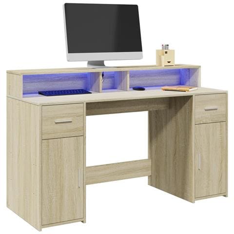Scrivania con Luci LED Rovere Sonoma 140x55x91cm in Multistrato - Foto 2