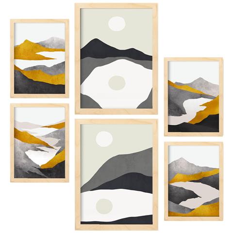 Set Di 6 Stampe Cornici Di Montagna In Sfondi Astratti, Dipinti Decorativi Estetici Per Il Tuo Soggiorno Di Casa A3 & A4 Telaio In Legno Chiaro - Foto 1