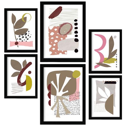 Set Di 6 Stampe Forma Particolare 1 In Fiore Dipinti Decorativi Estetici Astratti Per Il Tuo Soggiorno Di Casa A3 & A4 Cornice Nera - Foto 1