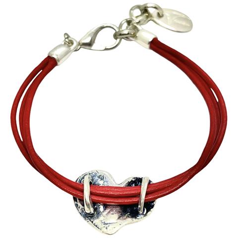 Bracciale A Forma Di Cuore In Pelle Rossa, Placcato Argento - Foto 2