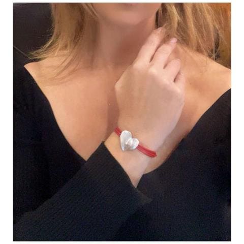 Bracciale A Forma Di Cuore In Pelle Rossa, Placcato Argento - Foto 3