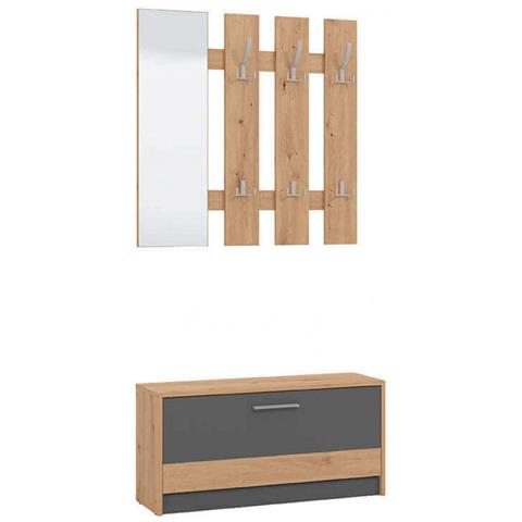Parete Attrezzata Mobile Da Ingresso Con Cassetto Scarpiera A Doppio Scomparto E Appendi Abiti 18 Posti Ferdinand - Legno Naturale E Grigio Scuro - Foto 1