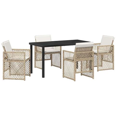 Set da Pranzo da Giardino  5 Pezzi con Cuscini Beige Polyrattan, Tavolo da Giardino  Nero 140x80x73 cm Vetro Temperato - Foto 1
