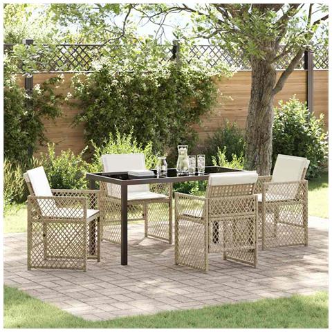 Set da Pranzo da Giardino  5 Pezzi con Cuscini Beige Polyrattan, Tavolo da Giardino  Nero 140x80x73 cm Vetro Temperato - Foto 2