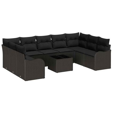 Set di divani da giardino 10 pezzi con cuscini Beige Polyrattan, Divano da giardino 2 posti con cuscini Nero Polyrattan - Foto 1