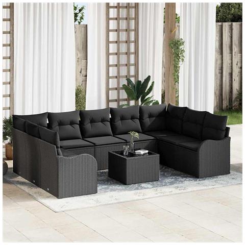 Set di divani da giardino 10 pezzi con cuscini Beige Polyrattan, Divano da giardino 2 posti con cuscini Nero Polyrattan - Foto 2
