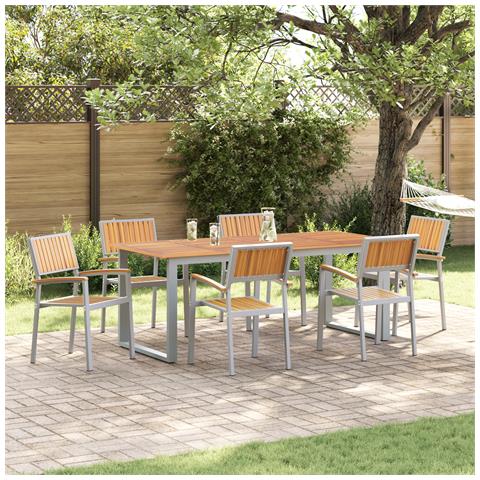 Sedie da giardino impilabili 6 pz Grigio Acciaio e legno massello di acacia - Foto 2