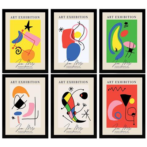 Set Di 6 Stampe Illustrazioni Artistiche Di Joan Miró Collezione Di Dipinti Decorativi Del Famoso Artista Espressionista A3 Cornice Nera - Foto 1