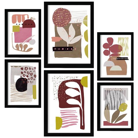 Set Di 6 Stampe Forma Particolare 2 In Dipinti Decorativi Estetici Astratti A Forma Di Fiore Per Il Tuo Soggiorno Di Casa A3 & A4 Cornice Nera - Foto 1