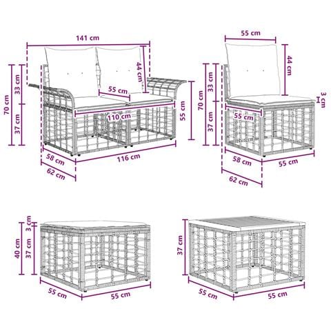 Set di divani da esterno 5 pcs Nero e Grigio scuro Poliestere - Foto 9