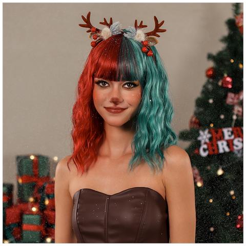 Capelli Ricci Ondulati Lunghi Fino Alle Spalle Di Natale Con Parrucche Con Frangia Multicolor - Foto 5
