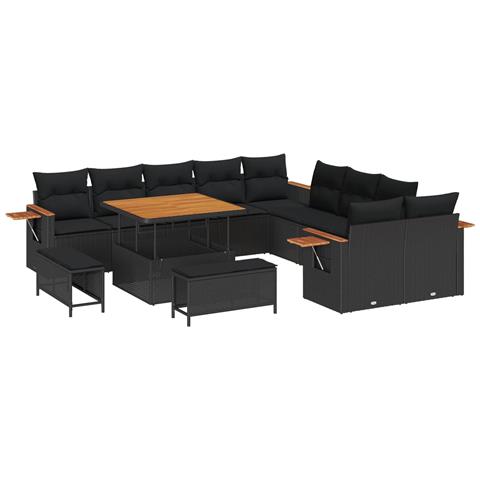 Set Divano da Giardino  in 13 Pezzi con Cuscini Nero Rattan Sintetico Acacia, Set da Pranzo da Giardino  in 3 Pezzi con Cuscini Nero Rattan Sintetico Acacia - Foto 1