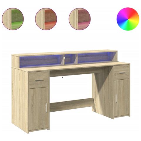 Scrivania con Luci LED Rovere Sonoma 160x55x91cm in Multistrato - Foto 1