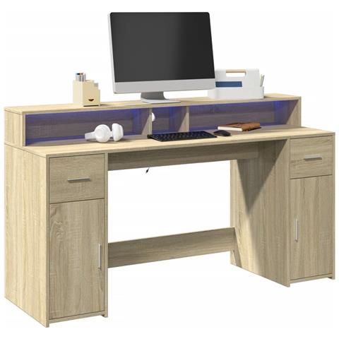 Scrivania con Luci LED Rovere Sonoma 160x55x91cm in Multistrato - Foto 2