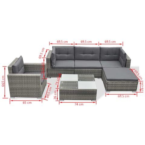 Set Divani da Giardino 6 pz con Cuscini in Polyrattan Grigio - Foto 8