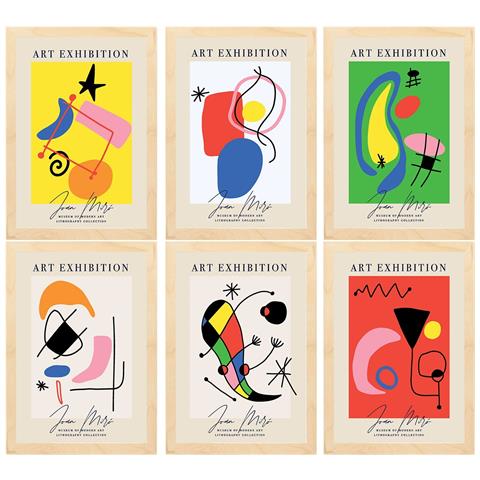 Set Di 6 Stampe Illustrazioni Artistiche Di Joan Miró Collezione Di Dipinti Decorativi Del Famoso Artista Cornice In Legno Chiaro A3 Telaio In Legno Chiaro - Foto 1