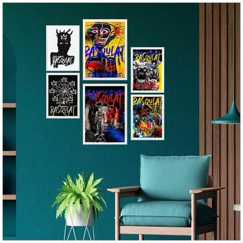 Set Di 6 Stampe Iconico Graffiti Di Basquiat In Stile Pop Art Incorniciato Con Illustrazioni Di Design Per La Casa, La Stanza, Il Negozio, La Pittura A3 & A4 Cornice Bianca - Foto 1