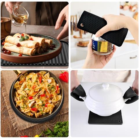 Set Di Sottopentola In Silicone E Guanti Da Forno, 6 Pezzi: Cuscinetti A Nido D'ape Quadrati E Rotondi Con Clip Resistenti Al Calore Black - Foto 7