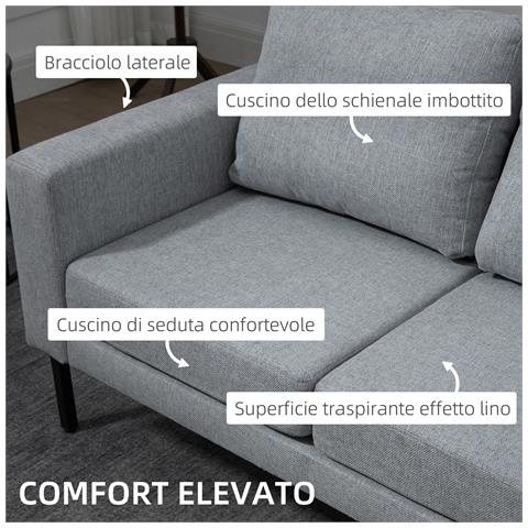 Divano 2 Posti In Tessuto Effetto Lino Con Gambe In Acciaio E Cuscini Imbottiti, 138x70x83.5 Cm, Grigio - Foto 2