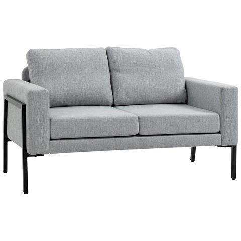 Divano 2 Posti In Tessuto Effetto Lino Con Gambe In Acciaio E Cuscini Imbottiti, 138x70x83.5 Cm, Grigio - Foto 1
